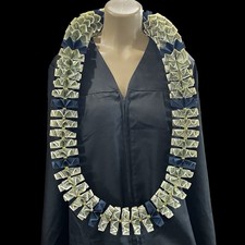 Graduation Money Celebration Lei 50 Bills Folded Dark Navy Blue W/Gold Beads
