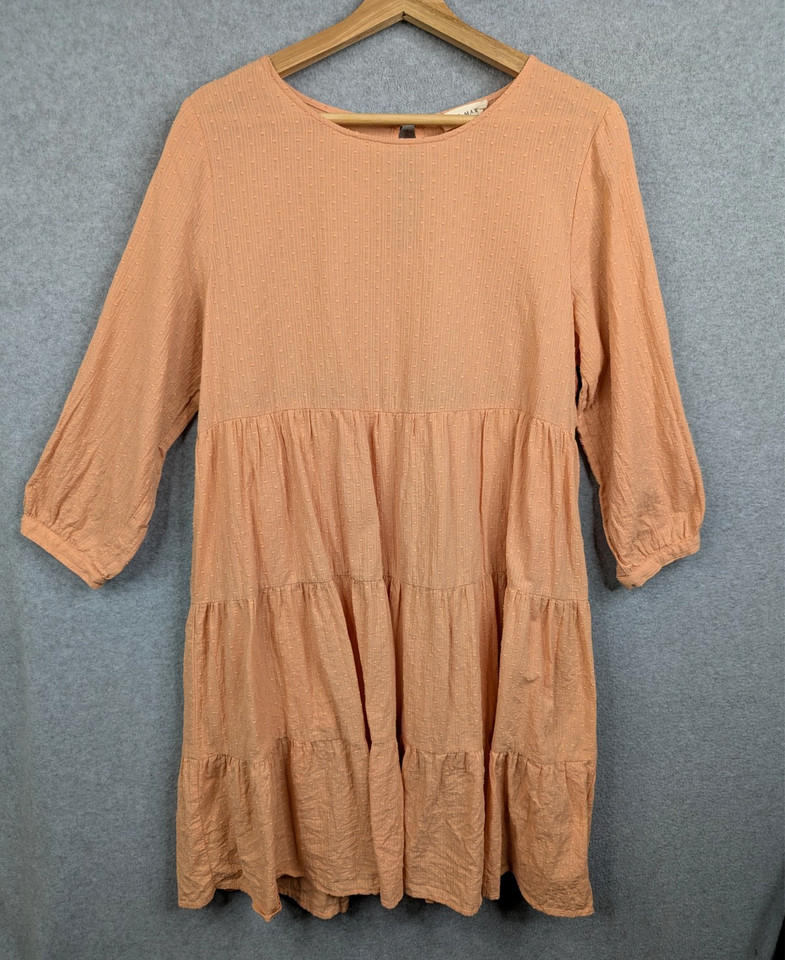 Iris Maxi Dress Women 12 Orange A-Line 3/4 Sleeved Tiered Textured Cotton Ladies