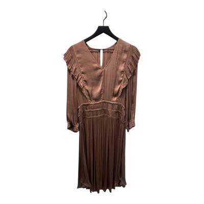 Current Air Ruffled Pleated Midi Dress Brown Long Sleeve V Neck Keyhole Casual M