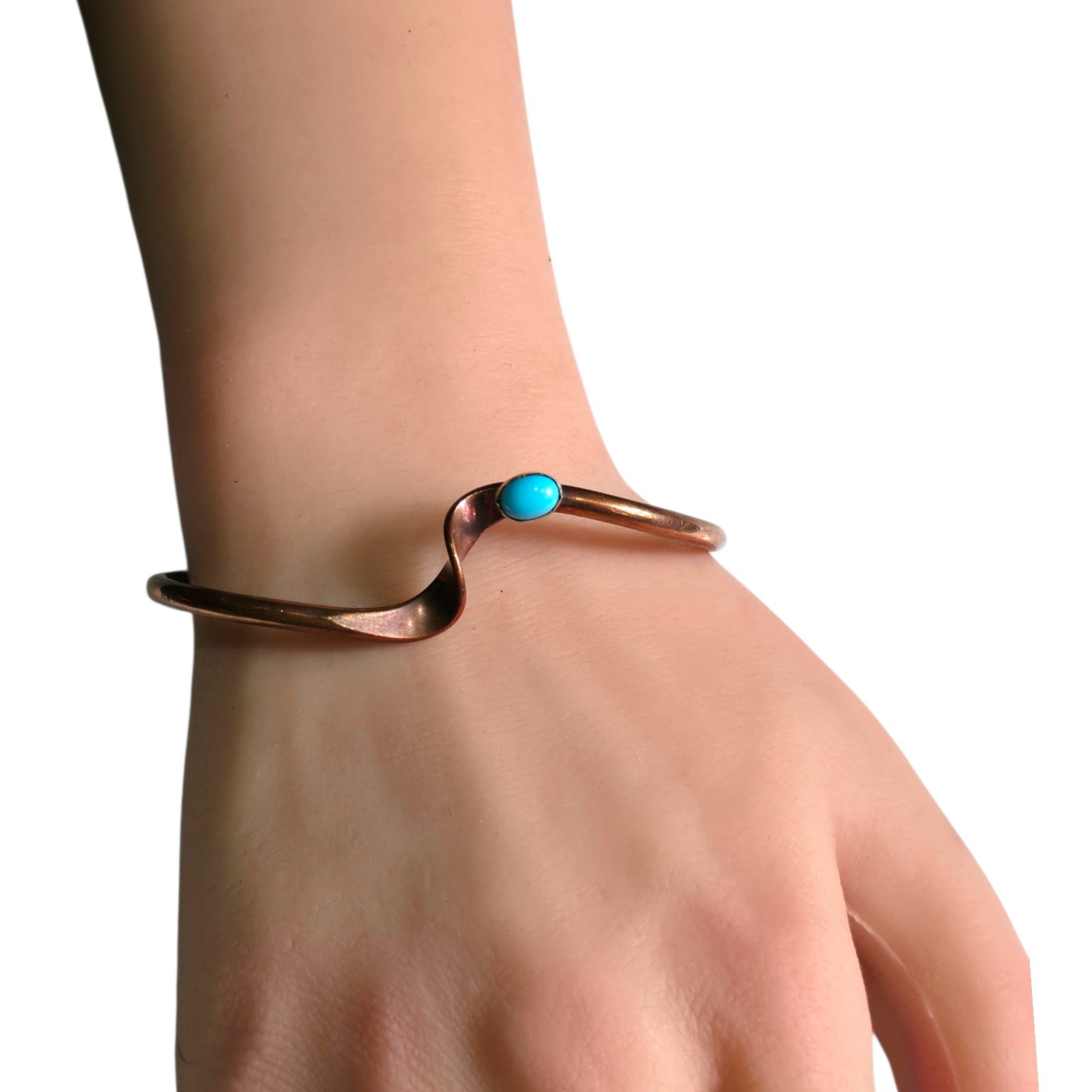 Signed Artisan Copper Cuff Bracelet Turquoise Cab… - image 4