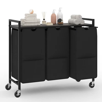 Wäschekorb 120L mit Rollen 3Fächer Wäschesack Wäschesammler Mit Ablage Wäschebox - Bild 1 von 4