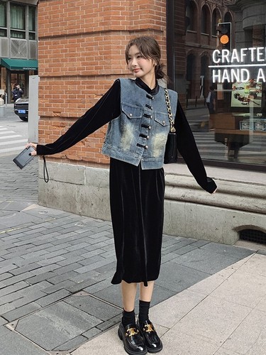 Midi Dress Denim Vest Set Women Long Sleeve Round Neck Black Velvet Size 6-14 - Picture 16 of 18