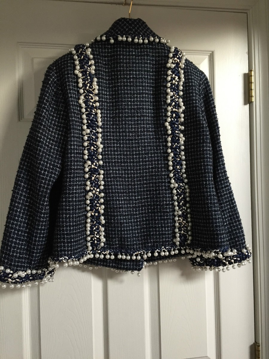 CHANEL VINTAGE 10P NEW Navy Ecru JACKET PEARL braid trim CC