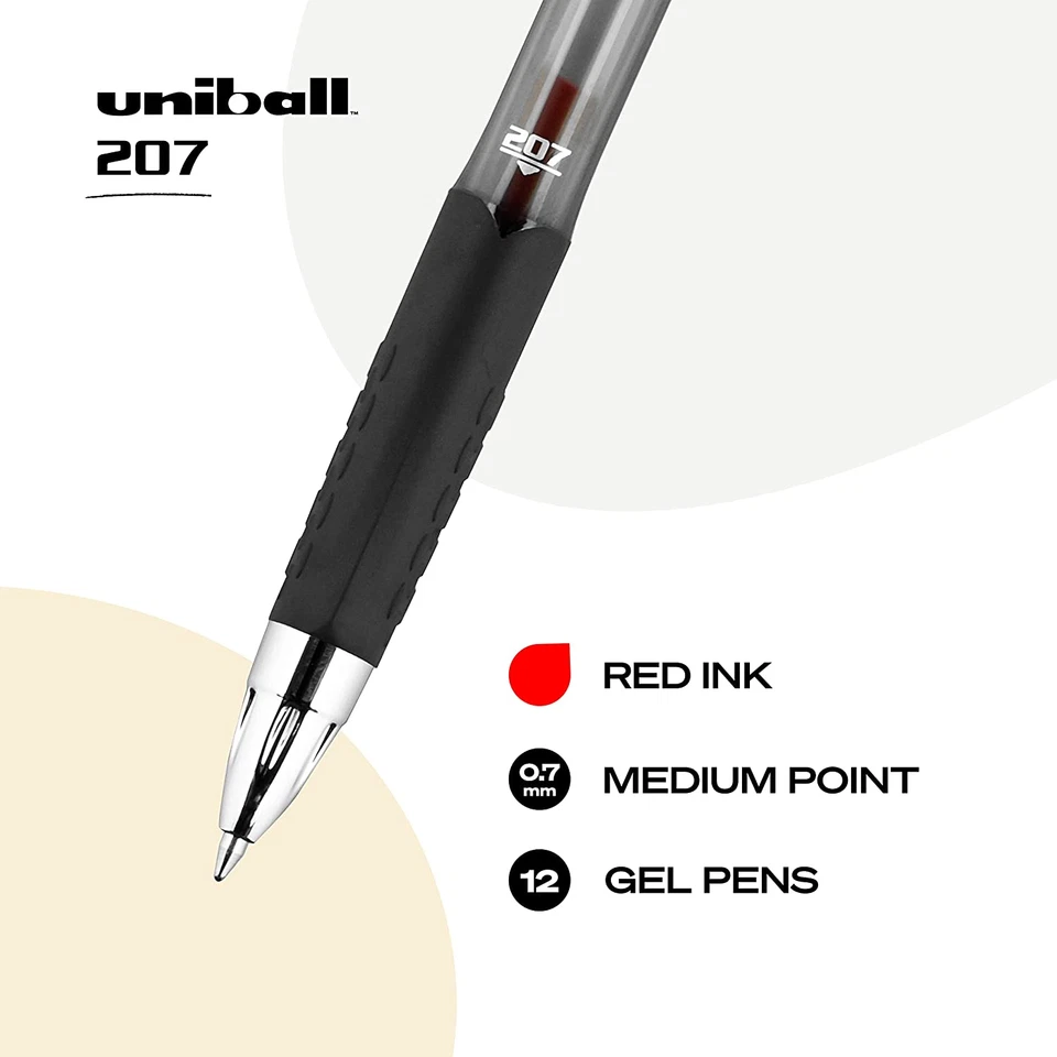Paquete de 12 bolígrafos de gel Uniball Signo 207, bolígrafos rojos medianos de 0,7 mm, bolígrafos de tinta de gel Office Su Foto 2 de 4