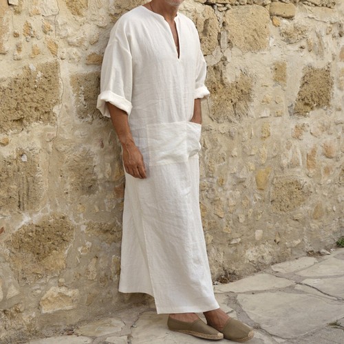 Langes Herren-T-Shirt Baumwolle Leinen Naher Osten Muslim Araber Gewand Kaftan Thobe Tops - Bild 7 von 30