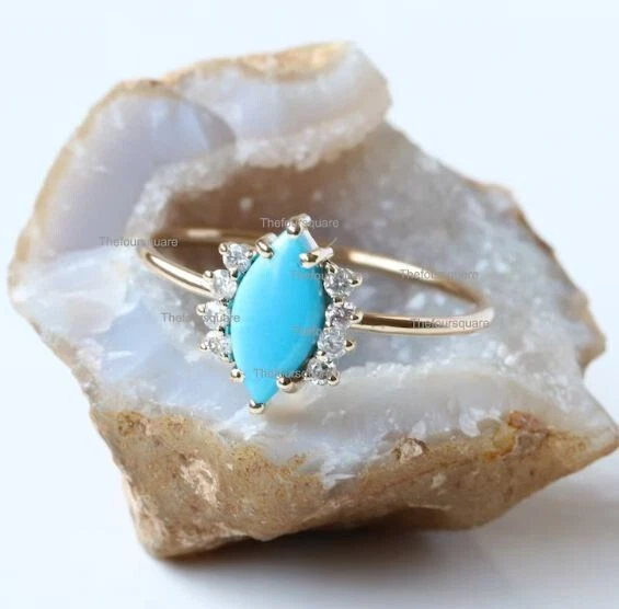 Anillo de boda de plata 925 con diamantes turquesa marquesa, anillo de cuatro diamantes Foto 2 de 4