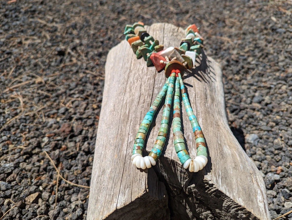 Turquoise Tab Necklace with Shell Beads and Jacla - Four Winds Gallery