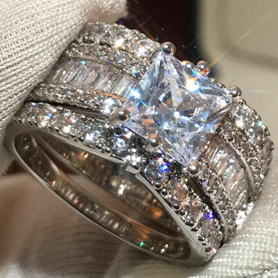 9*9mm Princess Cut AAA Cz Band Ring Set Women's 925 Silver, Gold Rings Size 6-10