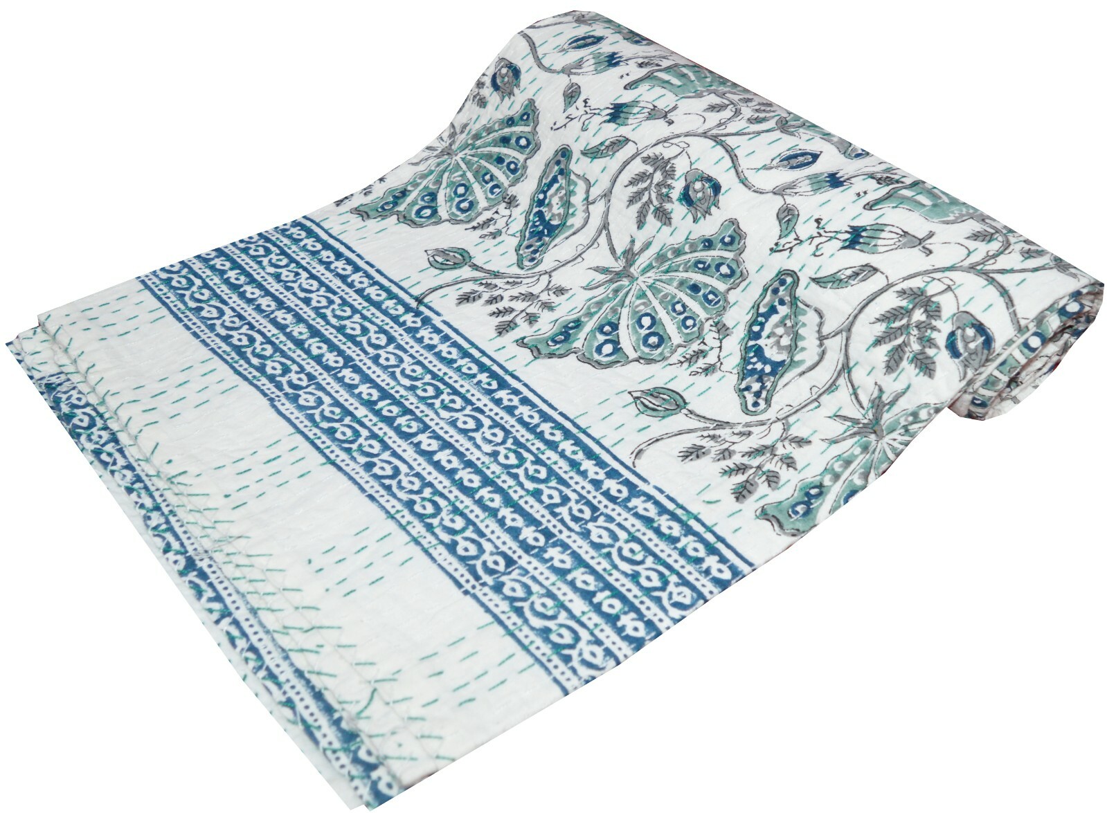 Hand Block Handmade White Floral Print Kantha Quilt Twin Indian Bedspread Gudari