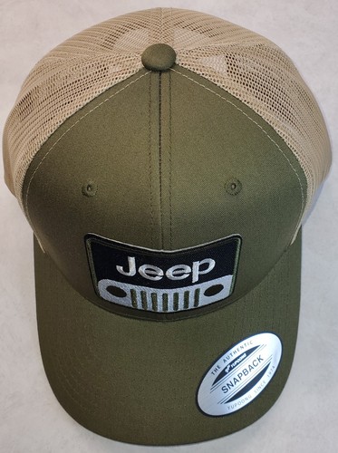 JEEP Patch on Yupoong 6606 Classics Trucker Hat Snapback Moss Green/Khaki - Picture 4 of 9