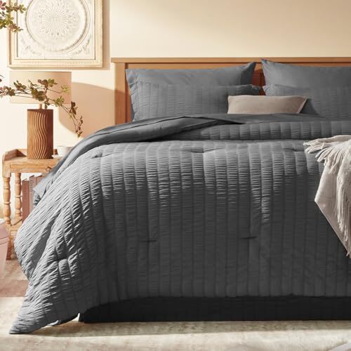 King Size Comforter Set 8 Pieces, Seersucker Bed King-8 Pieces 02 - Dark Grey - Picture 2 of 7