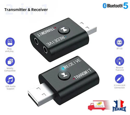 Émetteur et Récepteur Bluetooth 5.0 Adaptateur Stéréo sans fil 2 en 1 Aux 3,5 mm