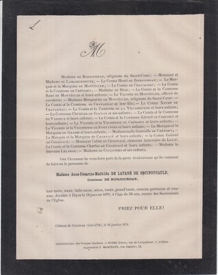 1876 Sterbeurkunde Frau von BOIJOURDAN geboren von LATANÉ de PUYFOUCAULD - Dijon.
