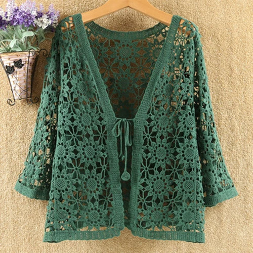 Women Crochet Lace Shrug Cardigan Top Hollow Out Knitted 3/4 Sleeve Shawl Coat - Bild 14 von 22