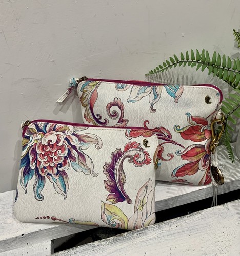 New Elliott Lucca Set of 2 Floral Leather Zip Clutch Travel Pouchette Purse Bag - Picture 2 of 11