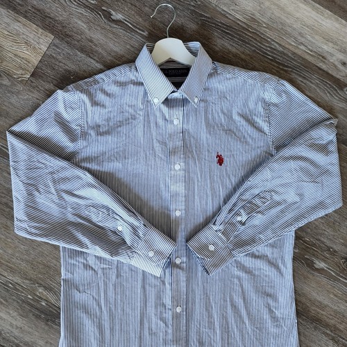 US POLO ASSN Pinstripe Gray White Stripe Shirt Mens 15 32-33 Cotton Long Sleeve - Picture 9 of 20