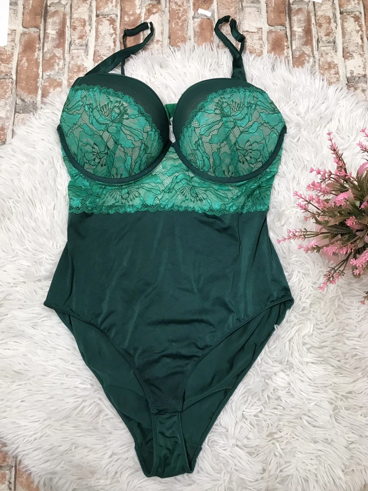 Auden Intimate LACY TEDDY BODYSUIT Green SZ X-Lg Strappy Underwired push up bra - Image 2 of 4
