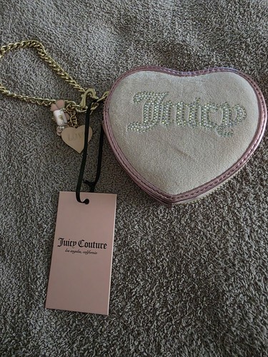 Juicy Couture pink heart mini Wristlet zip gold chain charm Coin Card Case