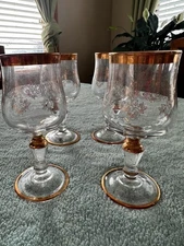 Vintage Italian Gold Rim Cordial Goblets Etched Glass Set of 4 Made in Italy