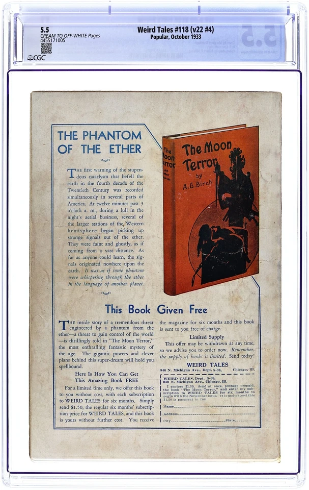 Weird Tales Pulp 1st Series Oct 1933 Vol. 22 #4 CGC 5.5 4455171005 - Image 2 of 3