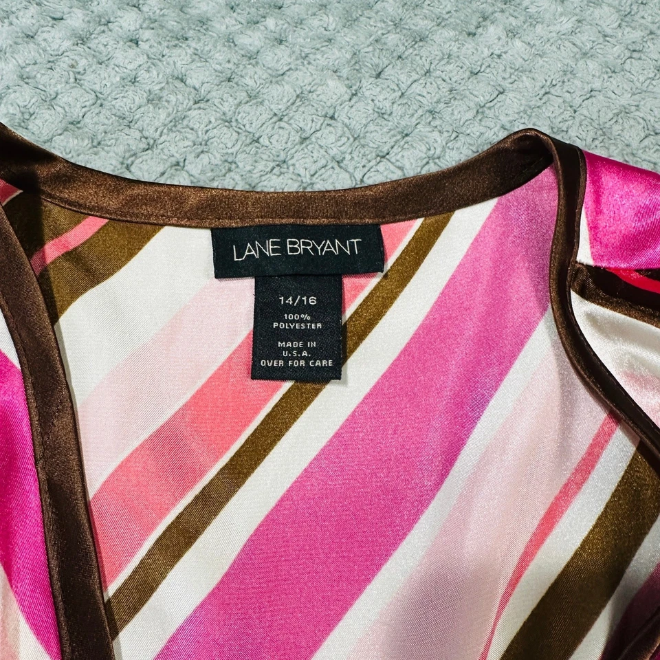 Blusa envolvente vintage retro Y2K rosa/marrón rayas sedosas manga larga LANE BRYANT  Foto 3 de 4