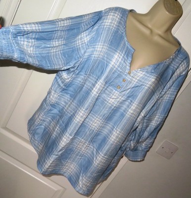 BNWT Bonmarche Blue Mix Checked Pintuck 3/4 Sleeve Longline Top Tunic Size 18 20