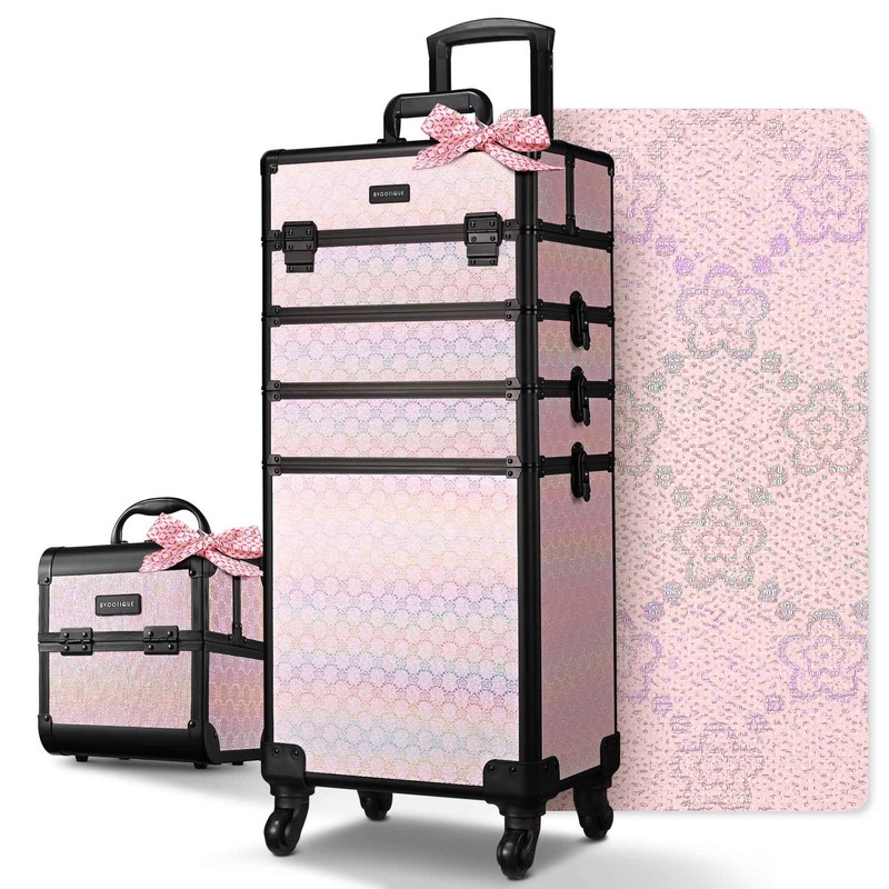 Byootique 4in1 Portable Makeup Train Case with Cube Case Cosmetic Organizer Pink