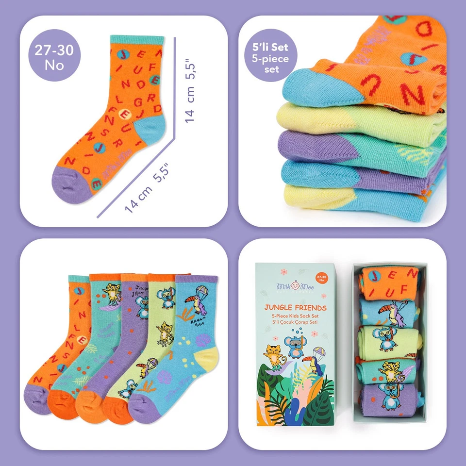 Paquete de 5 calcetines para niños Milk&Moo Jungle Friends, talla 27-30, diseño divertido y vibrante, S Foto 3 de 4