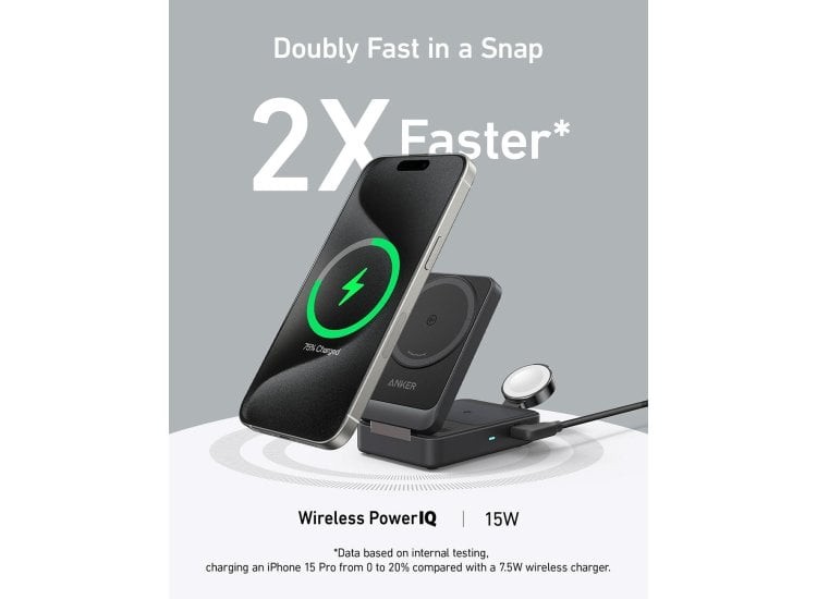 Anker MagGo Wireless Charging Station (15W, Foldable 3-in-1) Black