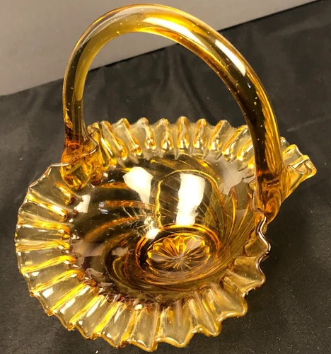 Fenton Amber Pressed Art Glass Basket Ruffled Edges Handle 6" Candy Trinket Vtg