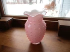 FENTON PINK CASED MILK GLASS HOBNAIL RUFFLED TOP 7" VASE