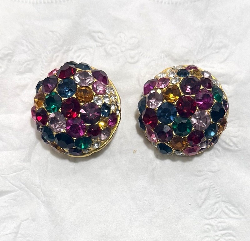 Vintage Rhinestone Rainbow Cluster Dome Earrings