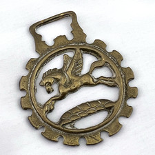 Brass Horse Medallion Vintage English Pegasus Fly Myth Fantasy Crown Harness