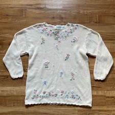 VTG Shenanigans L Cream Embellished Beaded Knit Cottagecore Granny Sweater: Read