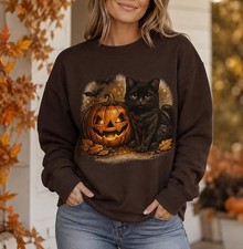 Vintage Black Cat Pumpkin Halloween Sweatshirt Spooky Fall Autumn