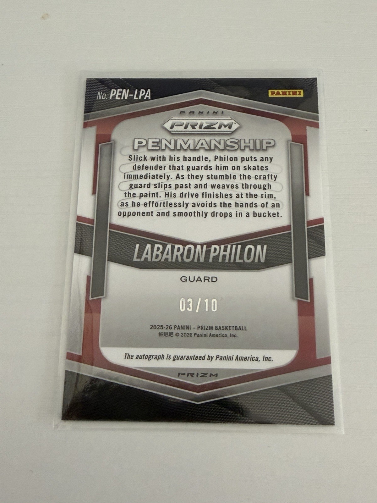 2025-26 Panini Prizm Labaron Philon True Gold  Auto /10 Penmanship PEN-LPA 76ers view 2