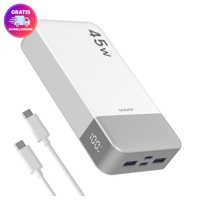 JUOVI J2621 Powerbank 20000 mAh 45 W USB C USB A LED Anzeige Weiß Laptop Handy