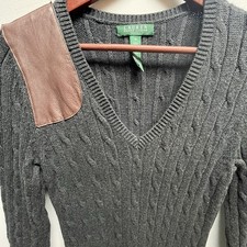 Lauren Ralph Lauren Women's Sweater dress Gray Shoulder Leather Patch M. Q3