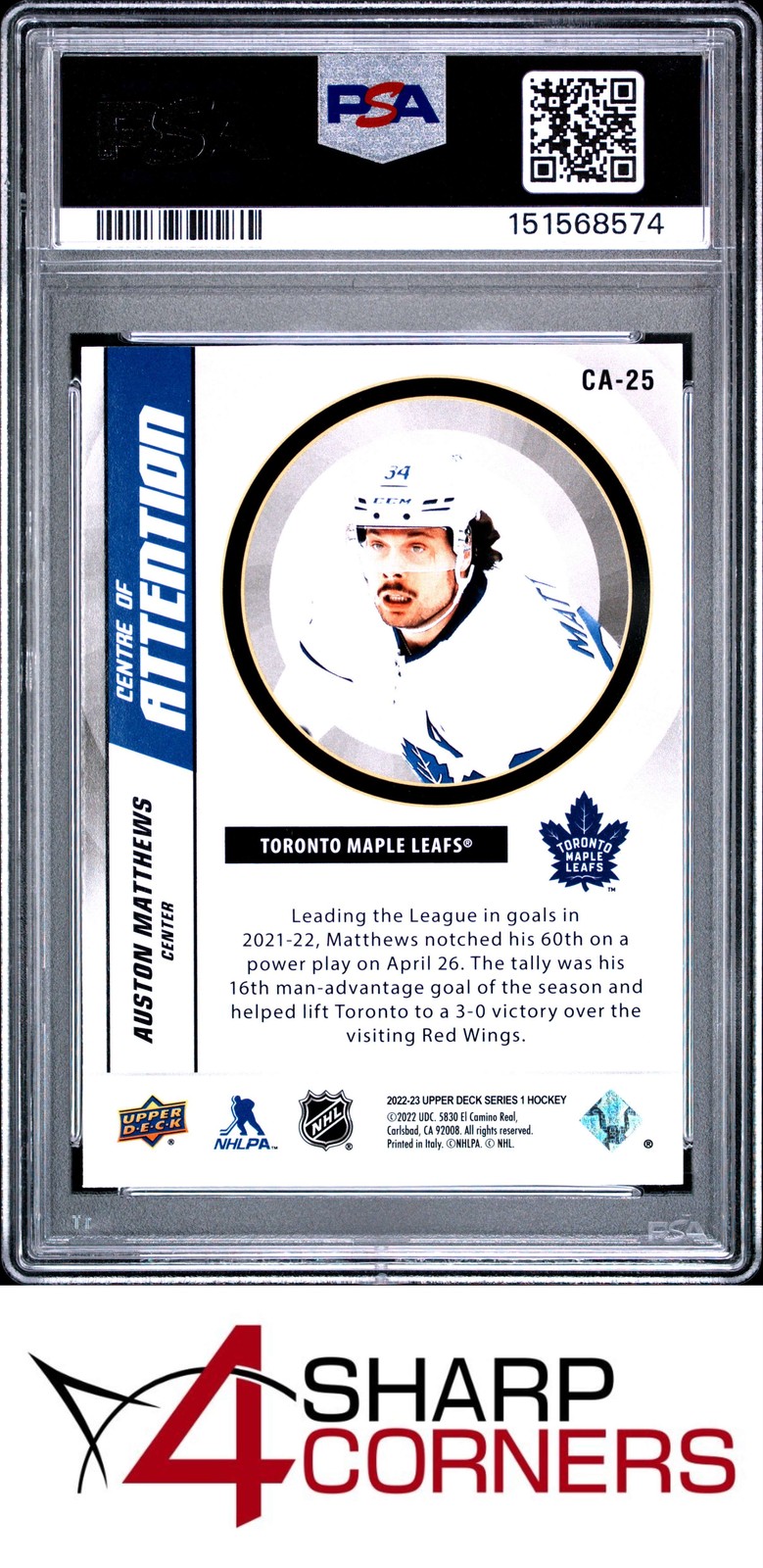 2022 UPPER DECK CENTRE OF ATTENTION #CA25 AUSTON MATTHEWS PSA 10 view 2