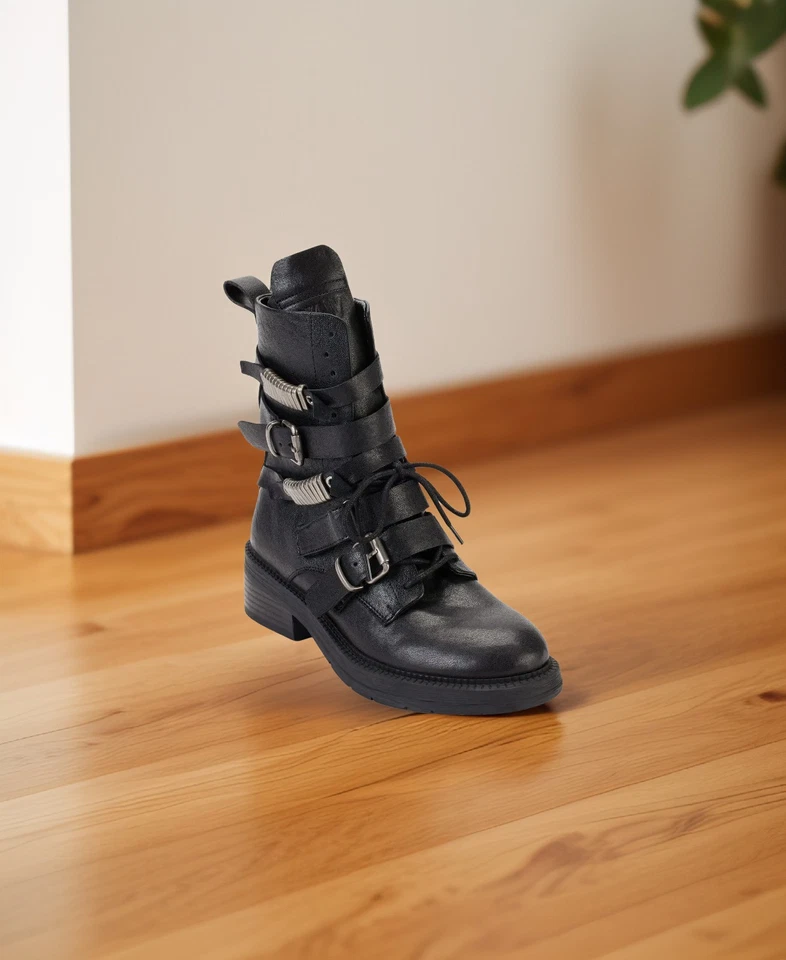 Botas de combate DKNY para mujer Ita de cuero con puntera de almendra con tiras al tobillo negras talla 8M nuevas en caja Foto 2 de 3