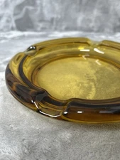 Vintage Round Amber Glass Ashtray MCM For Cigar/Cigarette Retro Large 8”