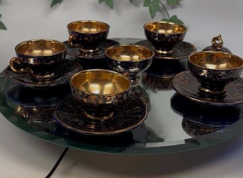 Vintage Echt Kobalt J.K.W. Gold Bavaria Demitasse Cups & Saucers- 11 pieces +lid