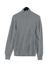 Tommy Hilfiger Men's Jumper M Grey Cotton with Cashmere High Neck Pullover