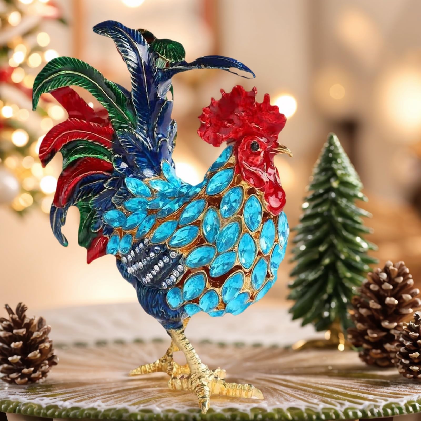 Hand-Painted Rooster Trinket Box - Zinc Alloy Enamel Jewelry Storage for Chri...