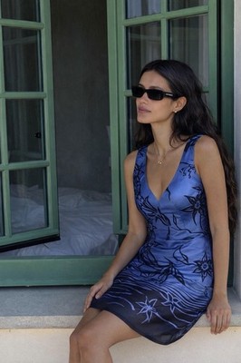KENZO Blau Seide Minikleid Blumen Blätter V-Ausschnitt Tailliert Party Cockta...