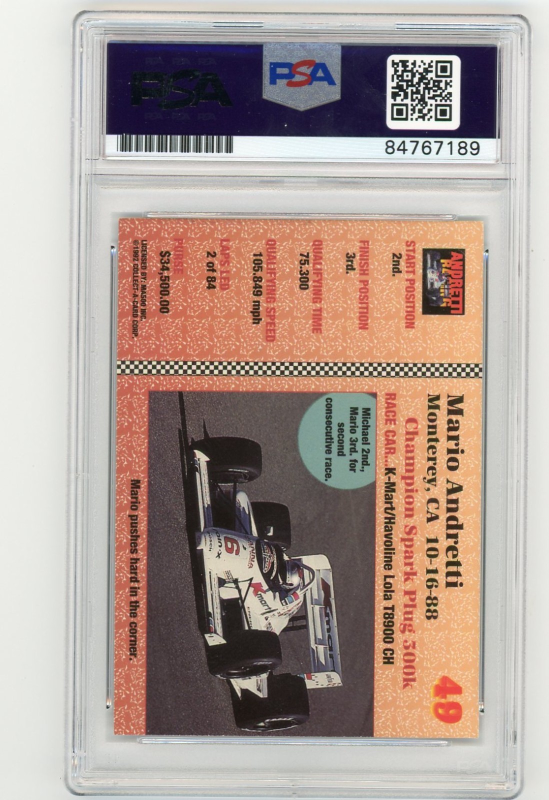 MARIO ANDRETTI 1992 Andretti Racing #49 Signed AUTO Card PSA DNA Certified F1 view 2