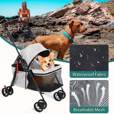 4-Wheel Outdoor Travel Pet Folding Stroller Breathable Mesh Cage w/Cup Holder