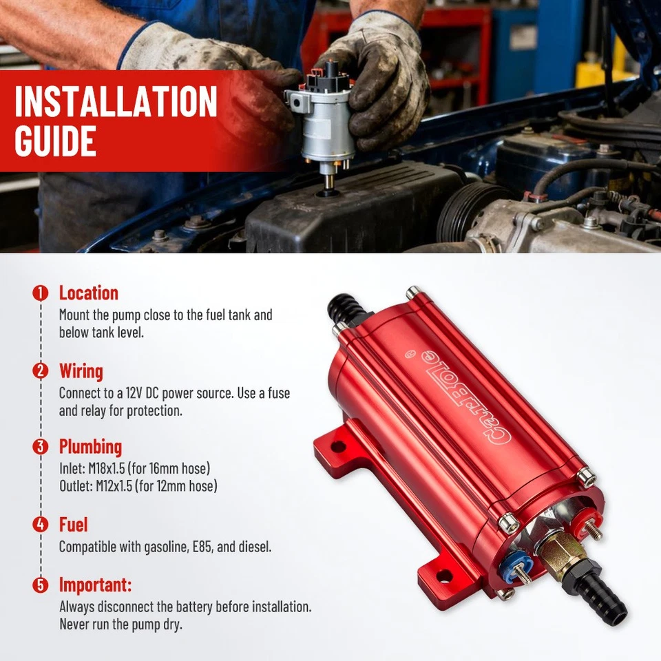 100 GPH Universal In-line Electric Fuel Pump 12V 170 PSI For Diesel Engine Red - Image 4 of 4