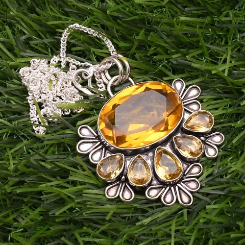 Citrine Gemstone 925 Sterling Silver Handmade Jewelry Pendant With Chain - Picture 5 of 9