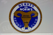 MR NORMS GRAND SPAULDING MEMBERS HEAVY STEEL DIE CUT ENAMEL SIGN